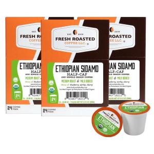 Fresh Roasted Coffee, USDA Organic Peru Water-Processed Decaf | 3rd Party Tested for Pesticides, Mold, Mycotoxins, Kosher | 100% Arabica, Specialty Grade, Med Roast 72 Pods for K Cup Brewers(Organic Ethiopian Sidamo Swiss Water Half-Caf)