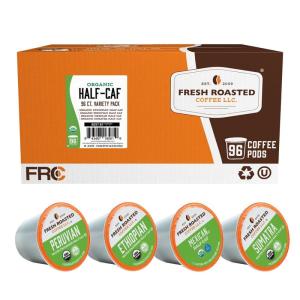 Fresh Roasted Coffee, USDA Organic Peru Water-Processed Decaf | 3rd Party Tested for Pesticides, Mold, Mycotoxins, Kosher | 100% Arabica, Specialty Grade, Med Roast 72 Pods for K Cup Brewers(Organic Half-Caf Variety Pack)