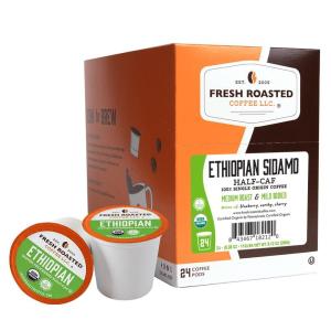 Fresh Roasted Coffee, USDA Organic Peru Water-Processed Decaf | 3rd Party Tested for Pesticides, Mold, Mycotoxins, Kosher | 100% Arabica, Specialty Grade, Med Roast 72 Pods for K Cup Brewers(Organic Ethiopian Sidamo WP Half-Caf)