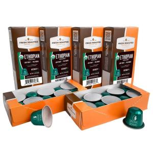 Fresh Roasted Coffee Espresso Pods for Nespresso OriginalLine, Indian Monsoon Malabar, 10 Aluminum Capsules(Organic Ethiopian Sidamo)