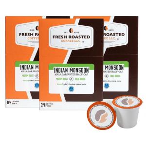 Fresh Roasted Coffee, Royal Water Half-Caf Indian Monsoon Malabar, Kosher, K-Cup Compatible, 72 Pods